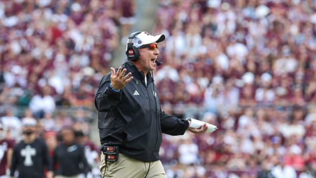 Oct 7, 2023; College Station, Texas, USA; Texas A&M Aggies head coach Jimbo Fisher reacts after a play during the fourth quarter against the Alabama Crimson Tide at Kyle Field. Mandatory Credit: Troy Taormina-USA TODAY Sports
